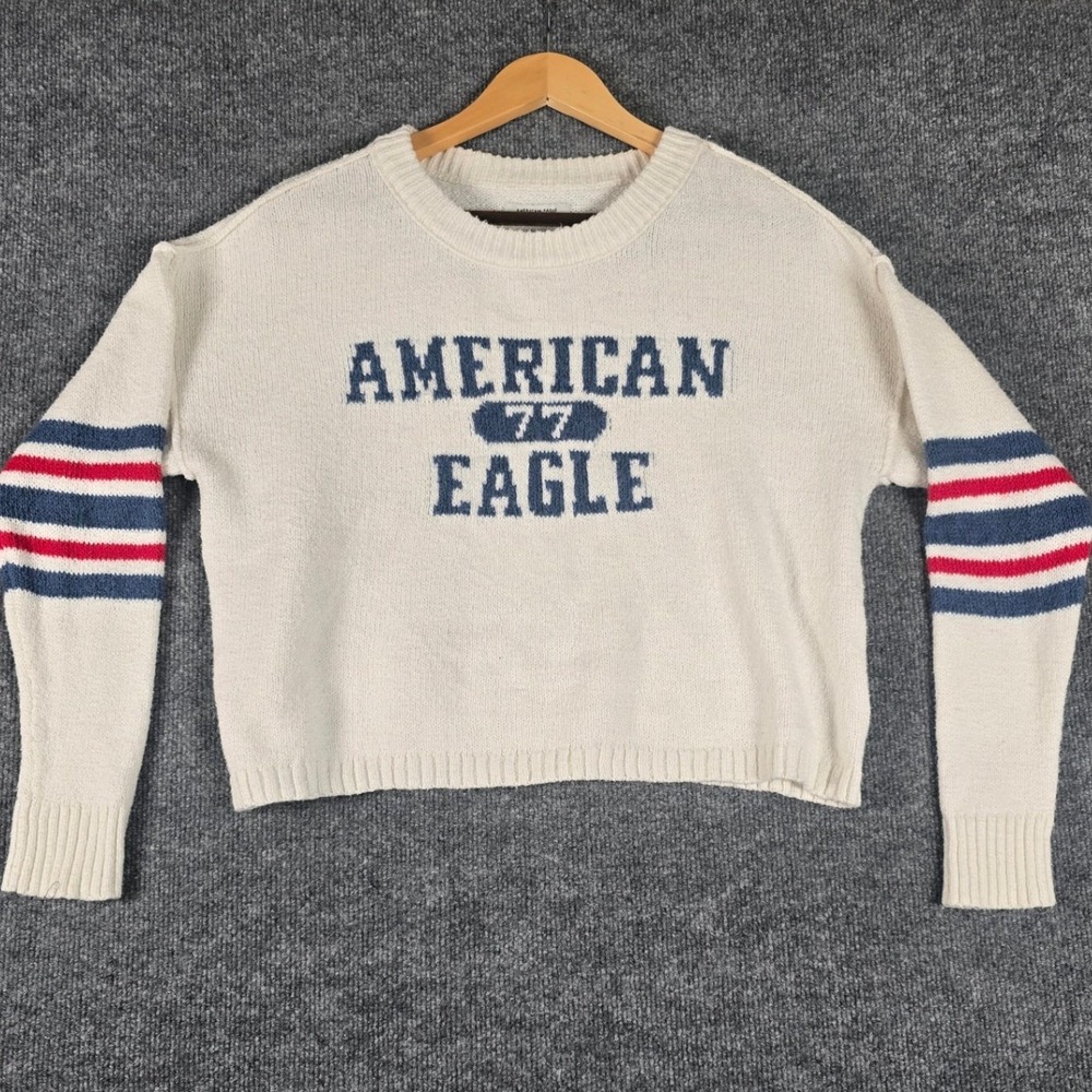 American Eagle Outfitters Cream Knit Sweater Womens Size‎ Small Striped Sleeves